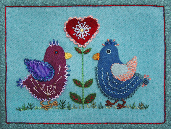 Wedding Chicks, embroidered and beaded wool-felt applique quilt by Robin Atkins, bead artist