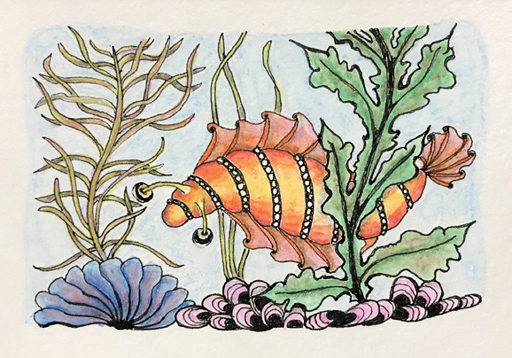 Zen Fish, large picture of ink and colored pencil Zentangle, including Verdigogh, Purk, Dragonair, Icanthis, and Sanibelle patterns, by Robin Atkins, bead artist