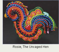 Rosie, The Uncaged Hen, bead sculpture by Robin Atkins, bead artist.