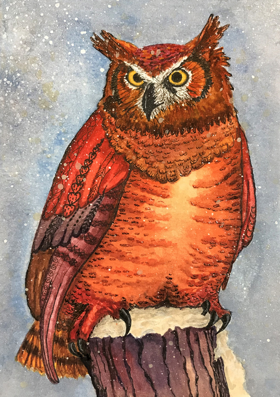 Great Horned Owl in the Snow, watercolor painting by Robin Atkins, bead artist